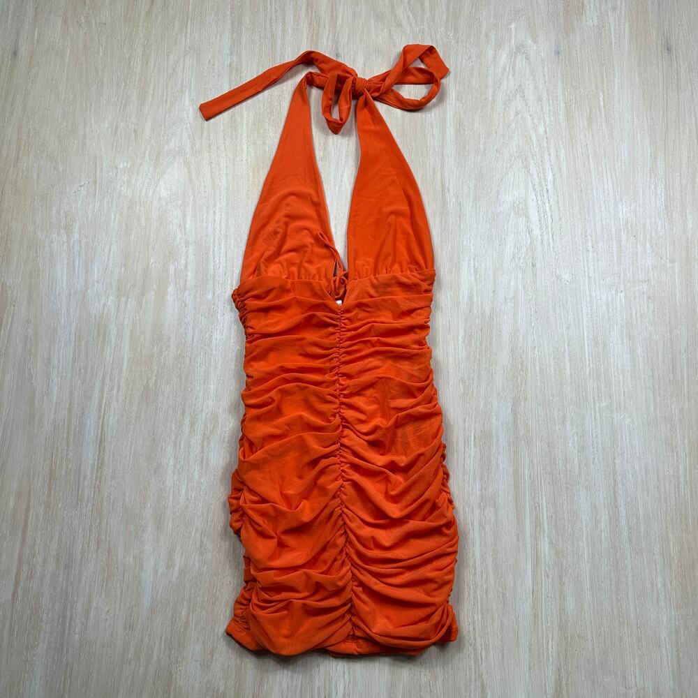 Thatssofetch Orange Ruched Halter Bodycon Backless Club Party Mini Dress 10